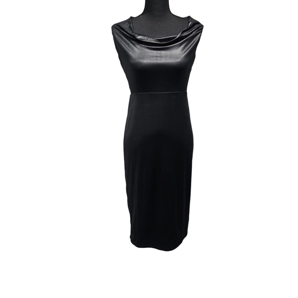 NBD Midi Dress Womens Medium Black Cowl Neck Open Tie Back Satin Finish‎ Bodycon